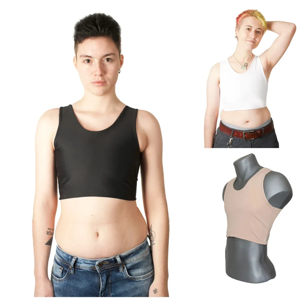 BWYA XTRA Strong short chest binder collection showing black, white, and beige color options