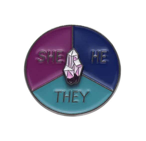 He/she/they pronoun pin with crystal turnwheel
