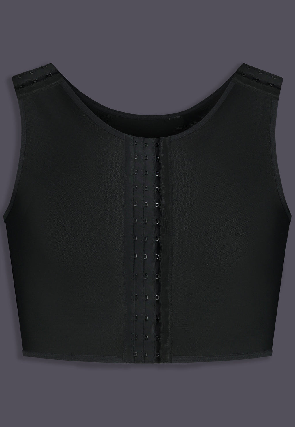 UNTAG Advanced kurzer Chest Binder mit verstellbaren Trägern, Vorderansicht in Schwarz