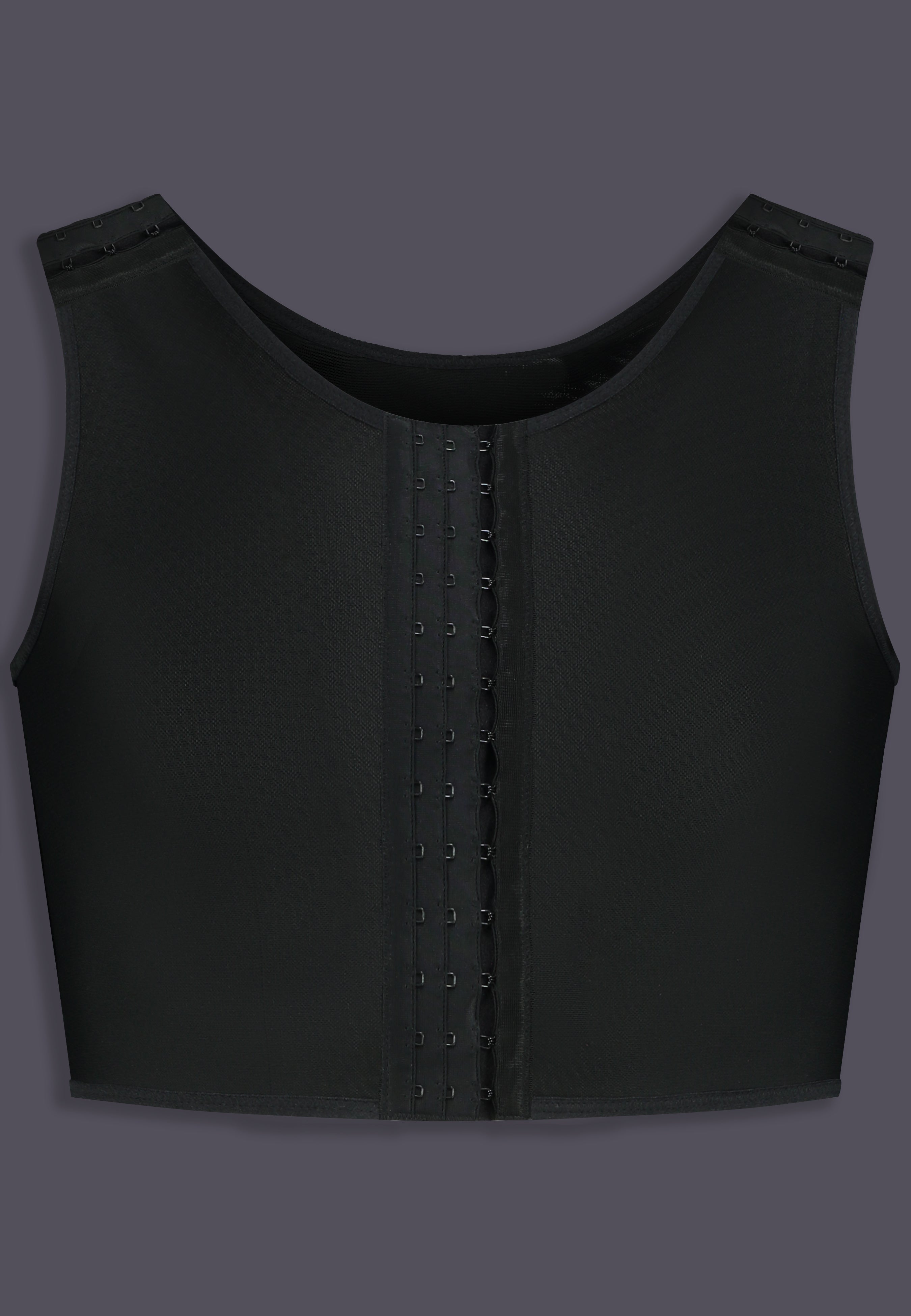 UNTAG Advanced kurzer Chest Binder mit verstellbaren Trägern, Vorderansicht in Schwarz