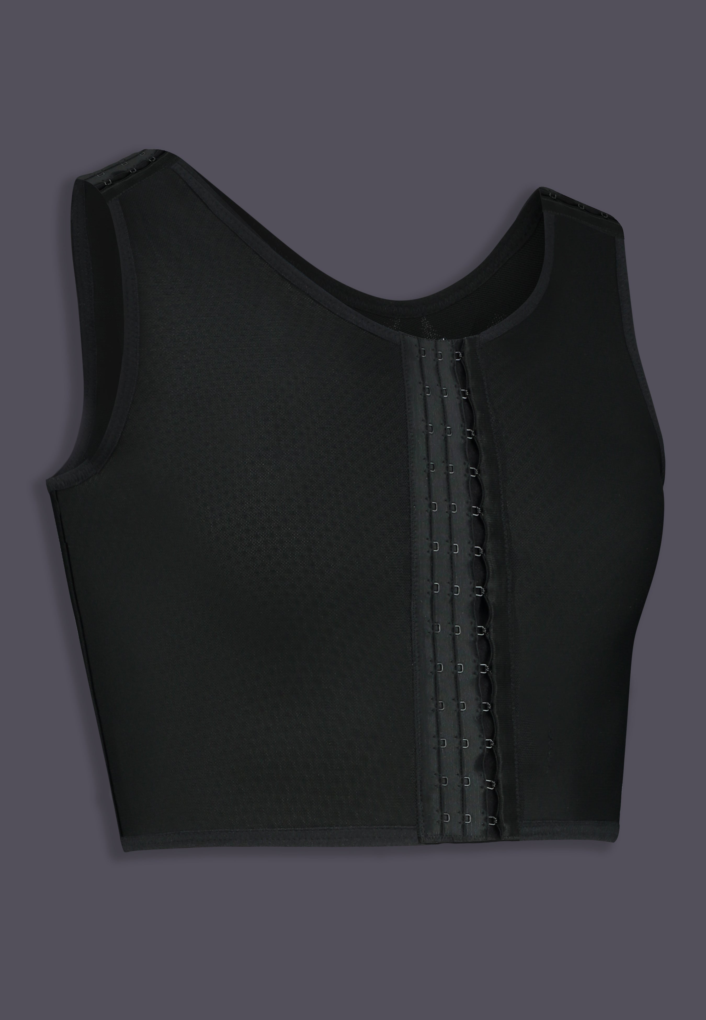 UNTAG Advanced kurzer Chest Binder, Seitenansicht mit Haken-und-Ösen-Verschluss