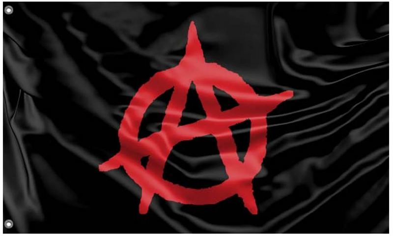 Anarchy flag: a plain black flag with a large red circle-A, the letter A enclosed in a circle, in a rough spray-paint style.