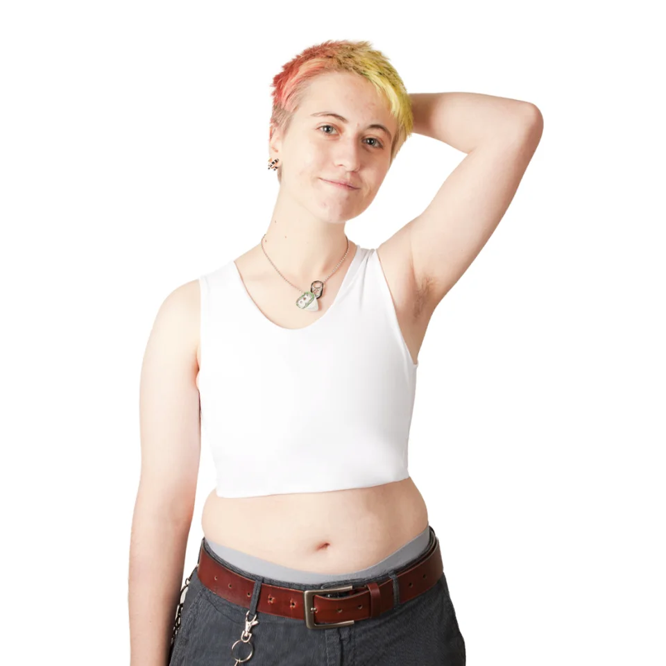 Chest binder court BWYA XTRA Strong, vue de face en blanc