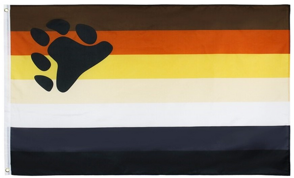 International Bear Brotherhood flag: brown, rust, gold, tan, white, grey and black stripes with a black paw print.