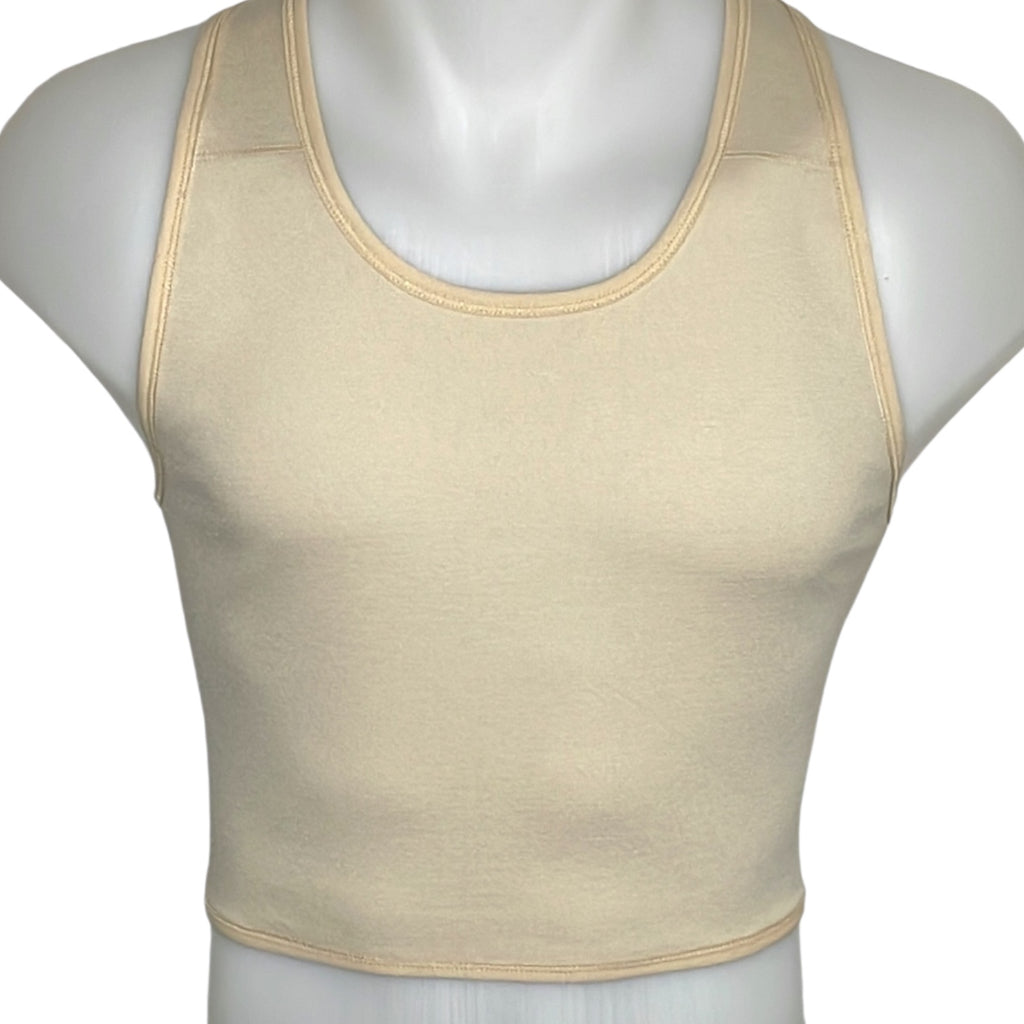 TransUndeez extra strong korte chest binder vooraanzicht in het beige