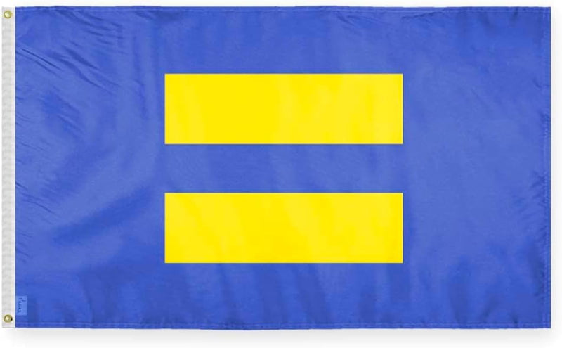 HRC Equality flag: a blue flag with a bold yellow equals sign, two horizontal bars, centred on the field.