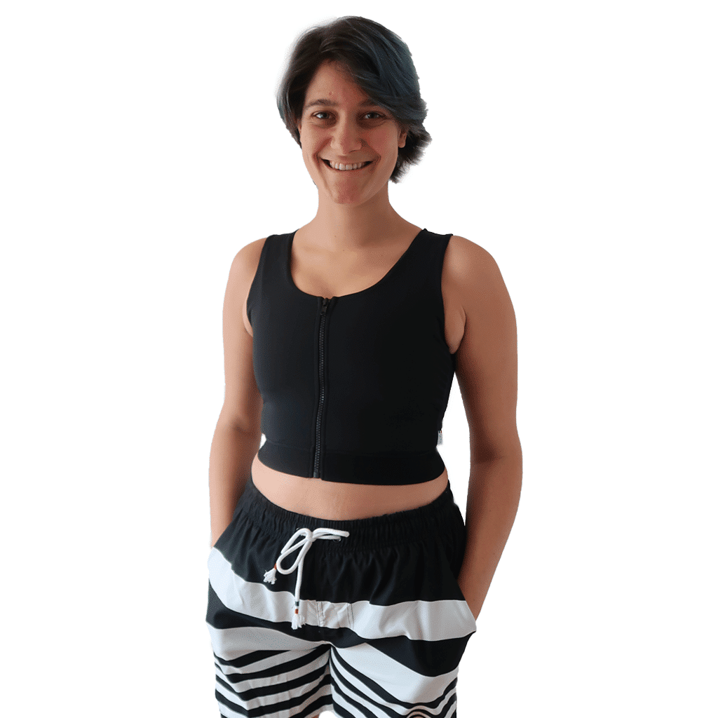 BWYA short swim binder with front zipper, front view in black