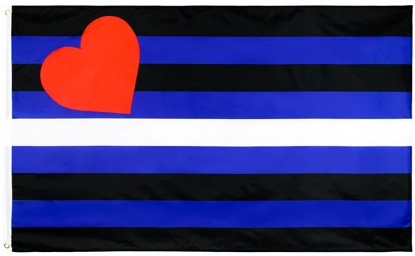 Leather Pride flag: alternating black and royal-blue stripes with a white centre stripe and a red heart in the corner.