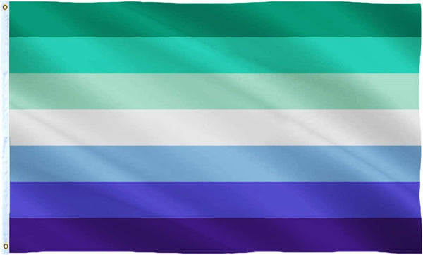 Gay men's flag: seven horizontal stripes running dark green, teal and light green, then white, then light blue, indigo and dark indigo.