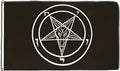 Black flag with white pentagram and goat head design