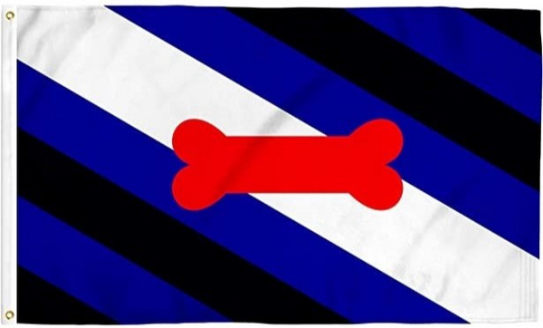 Puppy Pride flag: black and blue diagonal stripes with a white centre and a red bone.