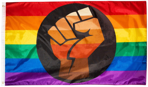 Queer People of Color flag: the six-stripe rainbow with a raised brown fist in the centre.
