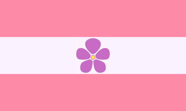 Drapeau saphique / WLW : bandes rose en haut et en bas, avec une bande centrale pâle, presque blanche, portant une seule violette lavande à cœur jaune.