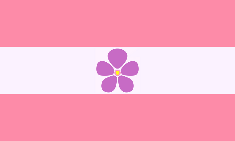 Drapeau saphique / WLW : bandes rose en haut et en bas, avec une bande centrale pâle, presque blanche, portant une seule violette lavande à cœur jaune.