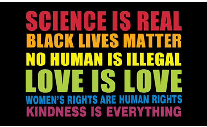Flag of Facts: a black flag with six lines of capitalised text in rainbow colours reading science is real, black lives matter, no human is illegal, love is love, women's rights are human rights, kindness is everything.