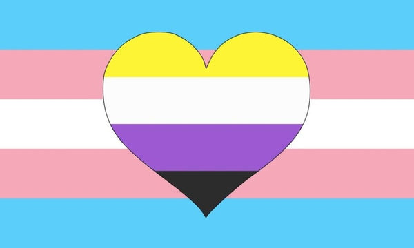 Transgender and Nonbinary Love design combining the trans and non-binary flag colours as interlocking hearts.