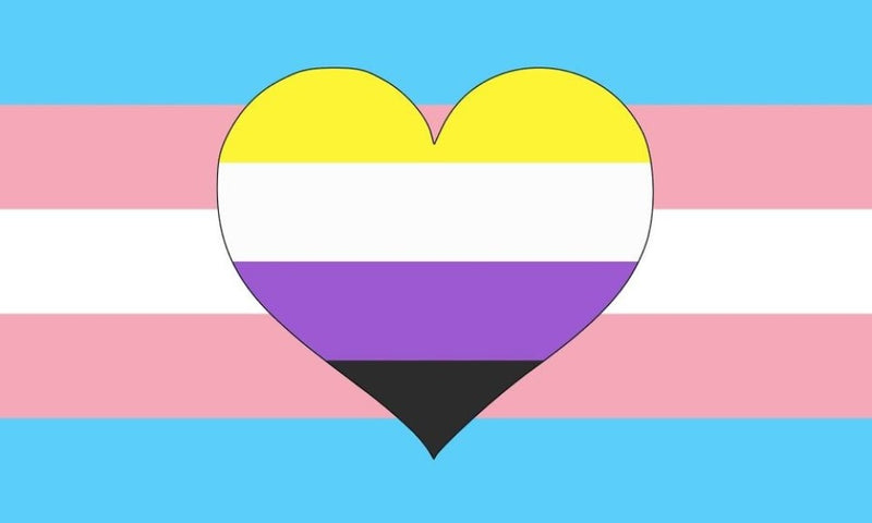 Transgender and Nonbinary Love design combining the trans and non-binary flag colours as interlocking hearts.