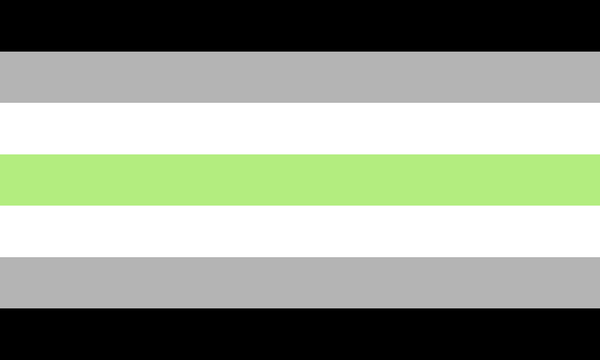 Drapeau agenre : sept bandes horizontales, noire, grise et blanche de part et d'autre d'une bande vert clair centrale.