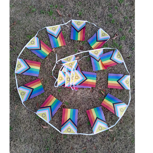 Close-up of decorative Rainbow Progress pride flag bunting string