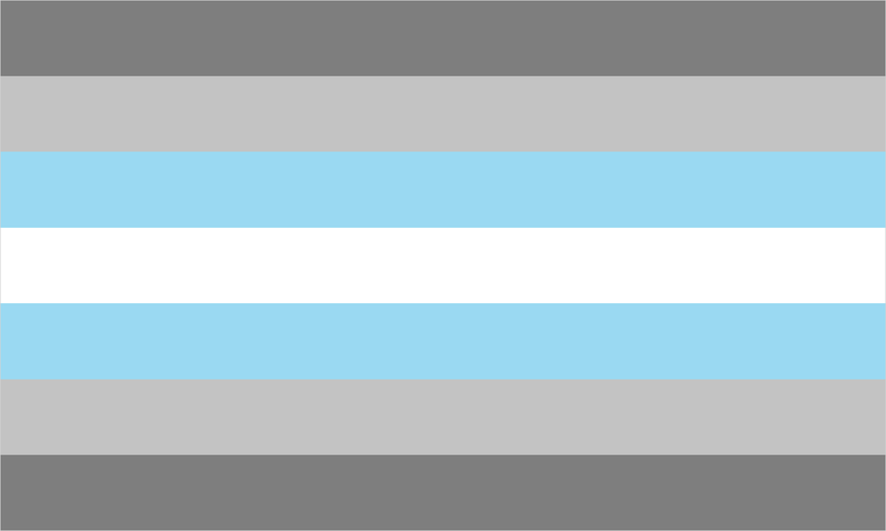 Demiboy pride flag: symmetrical dark gray, light gray, light blue, and white stripes.