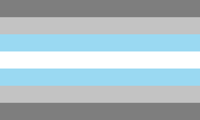 Drapeau demiboy : bandes symétriques gris foncé, gris clair, bleu clair et blanche.