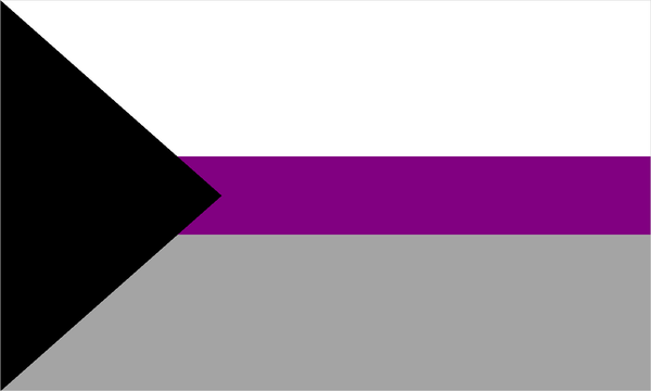 Demisexual pride flag: a black chevron on the left with white, gray, and purple horizontal stripes.