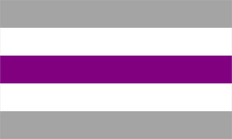 Graysexual pride flag: symmetrical gray, white, and purple stripes.