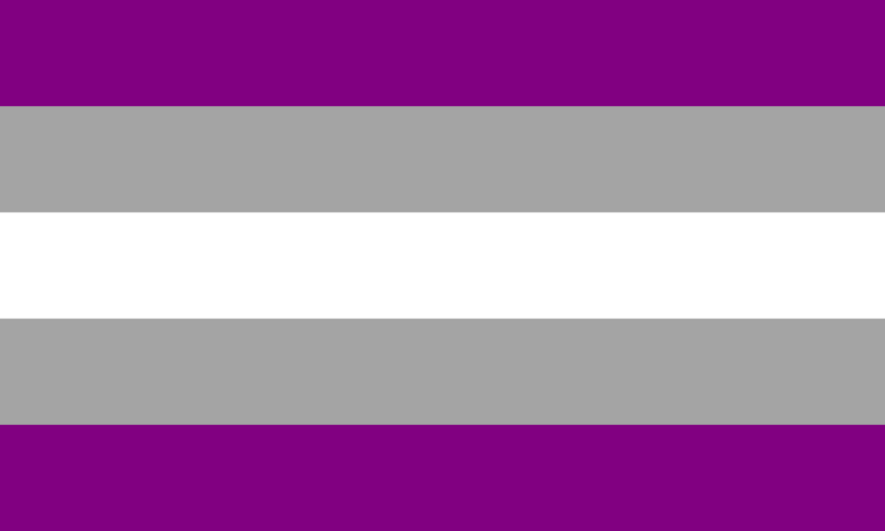 Graysexual pride flag: five horizontal stripes, purple and gray either side of a white centre stripe.