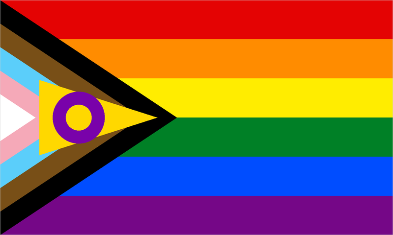 Intersex-inklusive Progress-Pride-Flagge: der Progress-Chevron plus ein gelbes Dreieck mit lila Kreis.