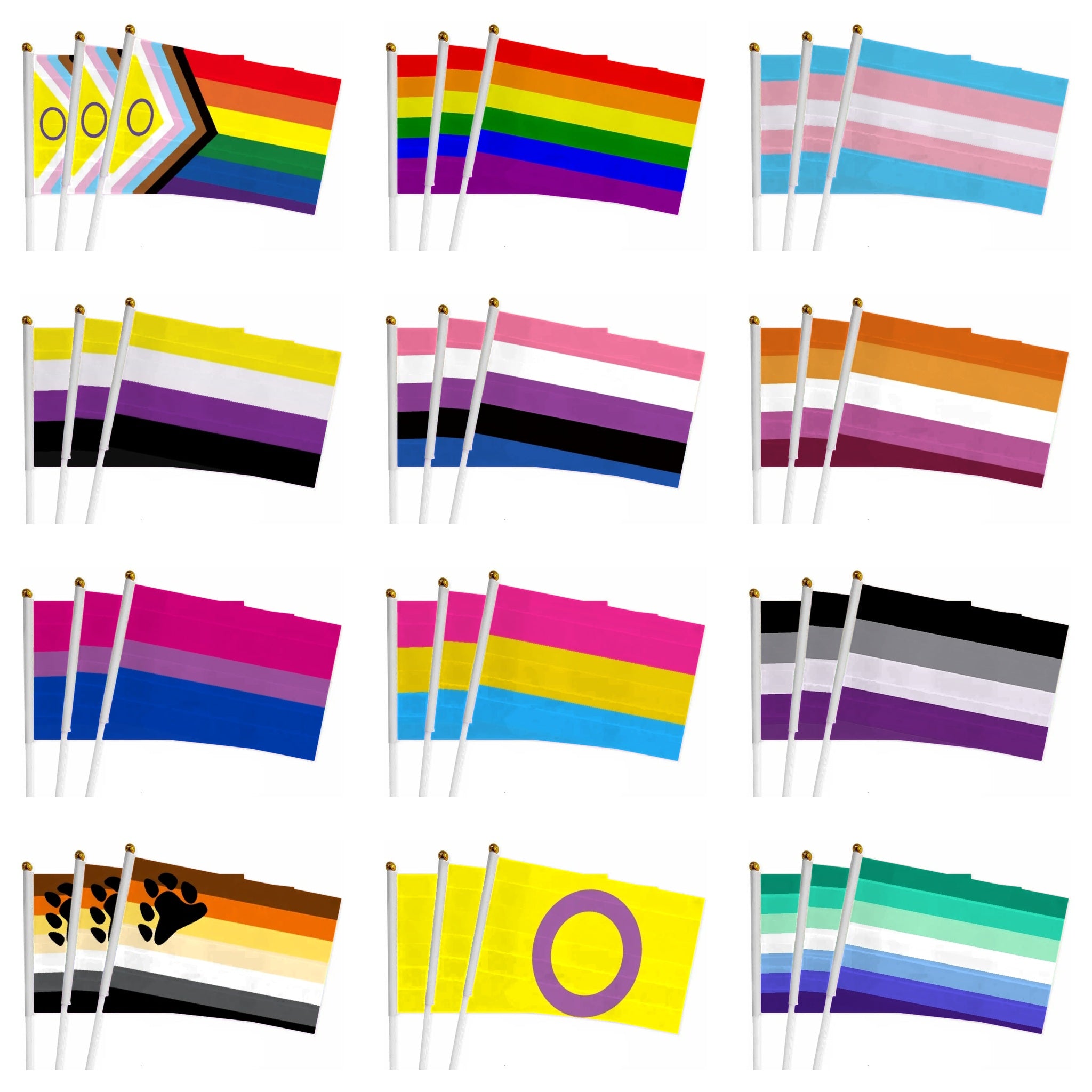 Les douze mini drapeaux à main pride sur bâton : Progress, arc-en-ciel, transgenre, non-binaire, genderfluid, lesbien, bisexuel, pansexuel, asexuel, bear, intersexe et MLM