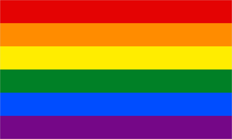 Sechsstreifige Regenbogen-Pride-Flagge: Rot, Orange, Gelb, Grün, Blau, Violett.
