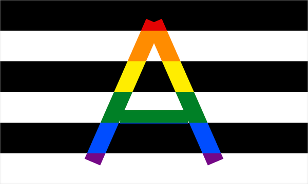 Straight ally flag: black and white stripes with a rainbow A-shaped chevron.