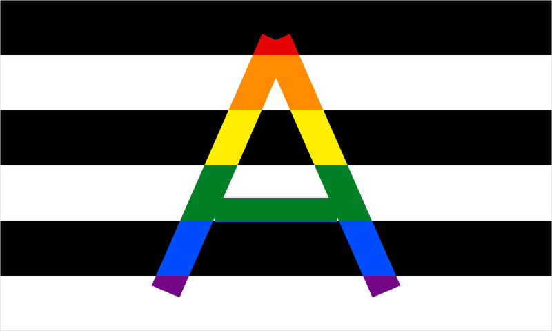 Straight ally flag: black and white stripes with a rainbow A-shaped chevron.